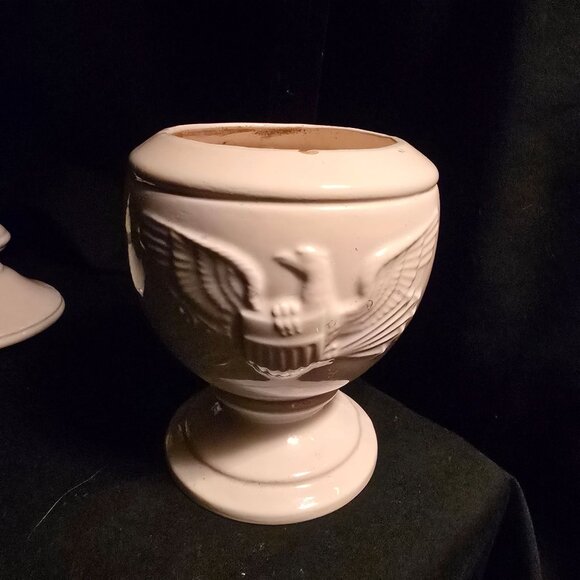 Vintage Cream Ceramic Lidded Urn With Embossed Eagle Design - Picture 4 of 9